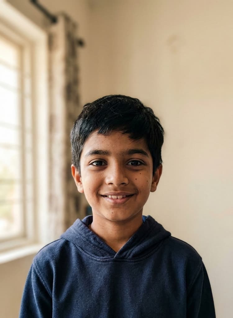 Young Indian boy in a blue hoodie smiling warmly at the camera